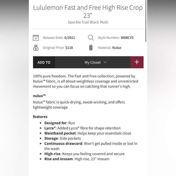 Lululemon Fast and Free High Rise Crop 23" in Speckle Trail Black Multi Size 10 - Picture 5 of 13